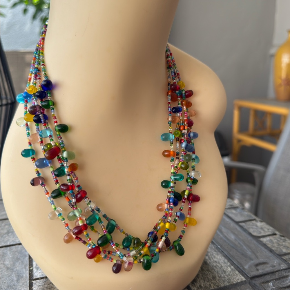 Red and Pink Multi-Strand Necklace with Semi-Precious Beads